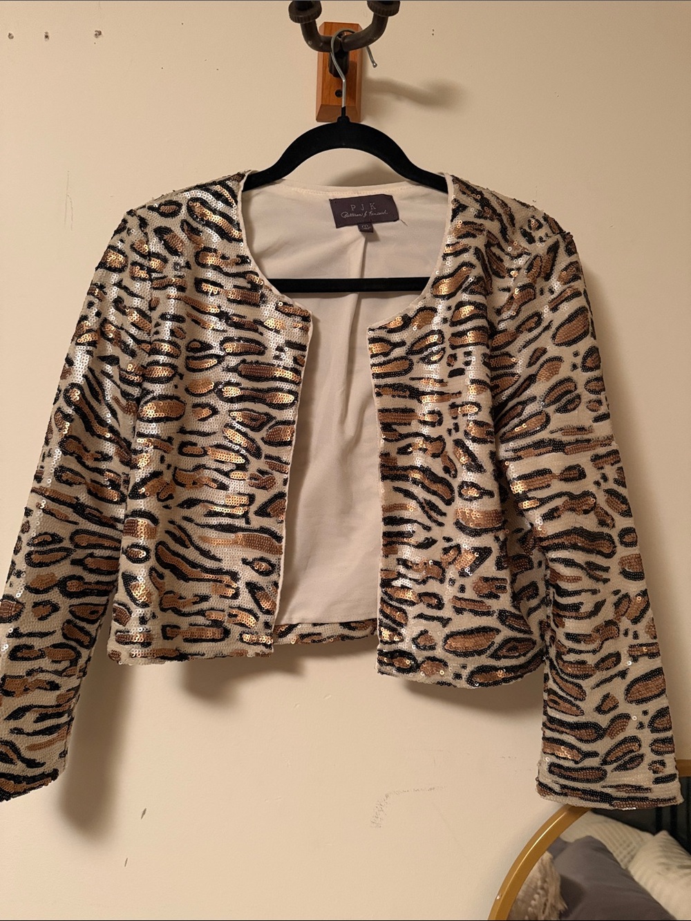 PJK Patterson J. Kincaid Gold, Black & White Sequin Leopard-Print Open Jacket